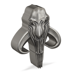 A traditional symbol of Mandalore, the powerful Mythosaur is brilliantly depicted on this 2oz pure silver coin. Engraved with an antique finish, the uniquely shaped coin resembles the Mythosaur skull as seen in the series. - New Zealand Mint