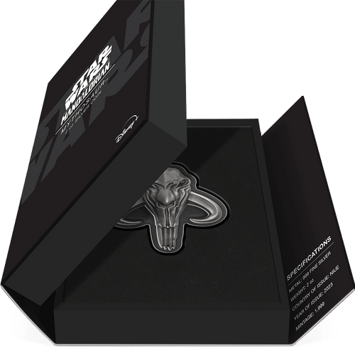 The Mandalorian™ – Mythosaur™ 2oz Silver Shaped Coin Featuring Book-style Packaging with Coin Insert and Certificate of Authenticity Sticker and Coin Specs.