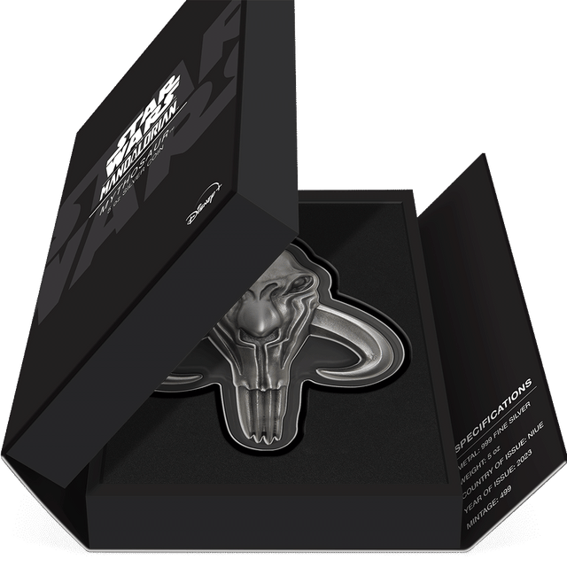 The Mandalorian™ – Mythosaur™ 5oz Silver Shaped Coin Featuring Book-style Packaging with Coin Insert and Certificate of Authenticity Sticker and Coin Specs. 