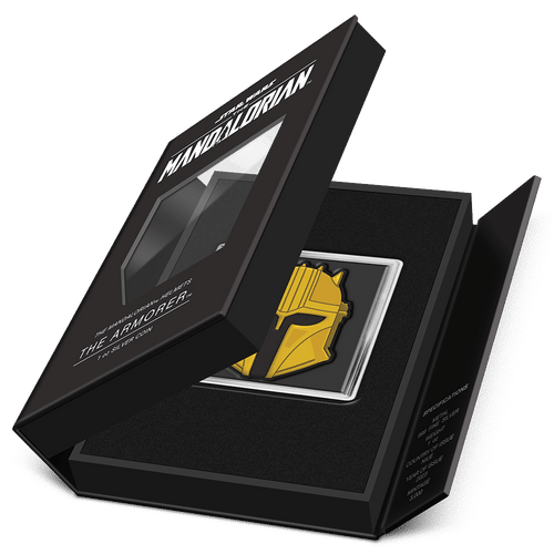 The Mandalorian™ Helmets – The Armorer™ 1oz Silver Coin Featuring Book-style Packaging with Coin Insert and Certificate of Authenticity Sticker and Coin Specs.