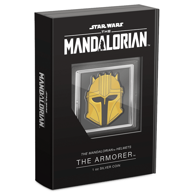The Mandalorian™ Helmets – The Armorer™ 1oz Silver Coin Featuring Custom Book-style Display Box With Brand Imagery.
