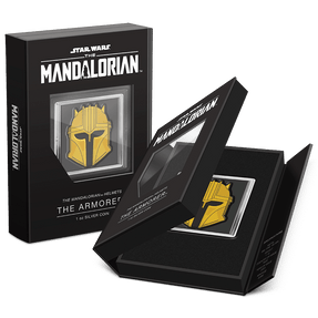 The Mandalorian™ Helmets – The Armorer™ 1oz Silver Coin Featuring Custom Book-Style Packaging with Printed Coin Specifications. 