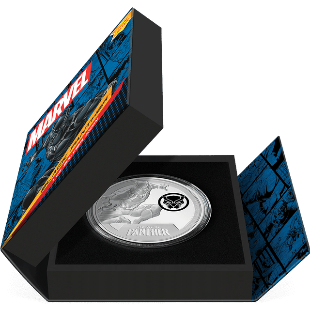 Marvel Black Panther 1oz Silver Coin Featuring Book-style Packaging with Coin Insert and Certificate of Authenticity Sticker and Coin Specs.