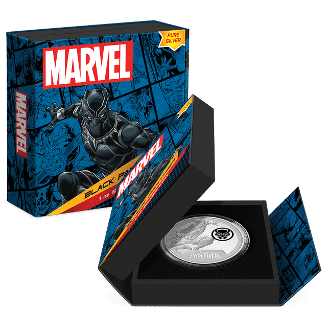 Marvel Black Panther 1oz Silver Coin Featuring Custom Book-Style Packaging with Printed Coin Specifications. 