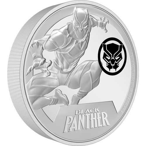 A grand 55mm diameter, this 3oz pure silver coin perfectly captures the spirit of Marvel’s Black Panther! Engraved with detailed relief to show Black Panther ready to pounce! His emblem is in colour and a mirror-finish background polishes the design. - New Zealand Mint