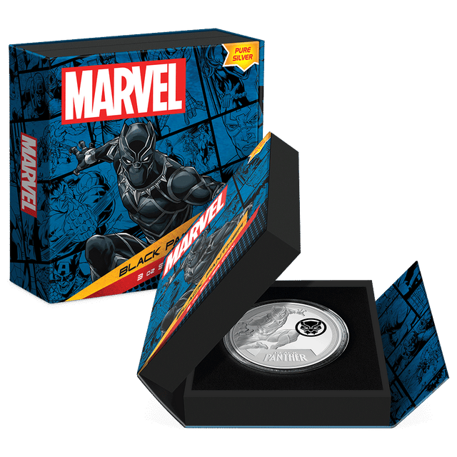 Marvel Black Panther 3oz Silver Coin Featuring Custom Book-Style Packaging with Printed Coin Specifications. 