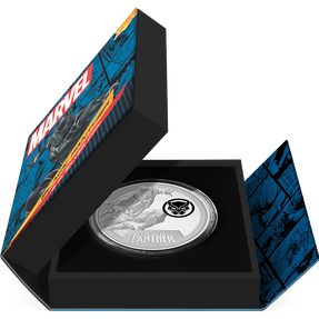 Marvel Black Panther 3oz Silver Coin Featuring Book-style Packaging with Coin Insert and Certificate of Authenticity Sticker and Coin Specs.