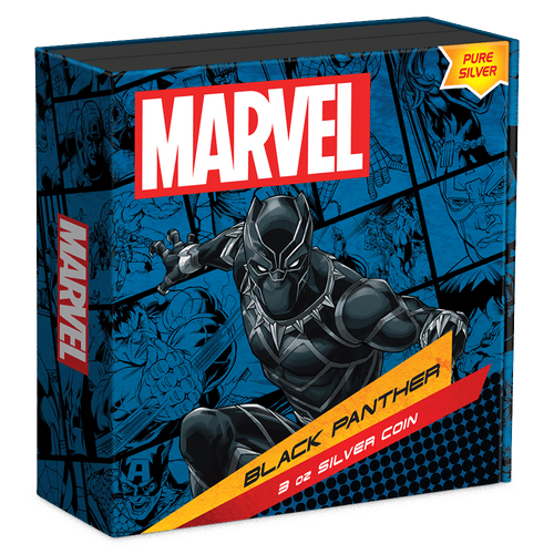Marvel Black Panther 3oz Silver Coin Featuring Custom Book-style Display Box With Brand Imagery.