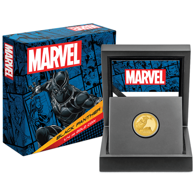 Marvel Black Panther 1/4oz Gold Coin with Custom-Designed Wooden Box with Certificate of Authenticity Holder and Viewing Insert. 