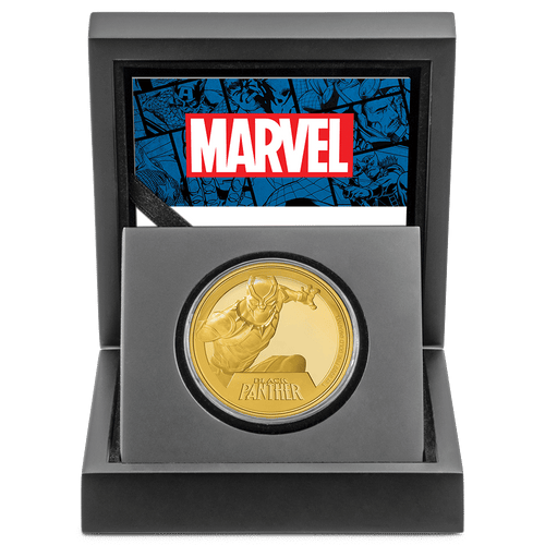 Marvel Black Panther 1oz Gold Coin with Custom Designed Wooden Box with Display Ledge and Certificate of Authenticity.