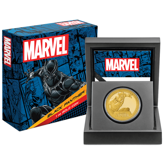 Marvel Black Panther 1oz Gold Coin with Custom-Designed Wooden Box with Certificate of Authenticity Holder and Viewing Insert. 
