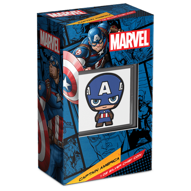 Marvel – Captain America 1oz Silver Chibi® Coin Featuring Custom Packaging with Display Window and Certificate of Authenticity Sticker.