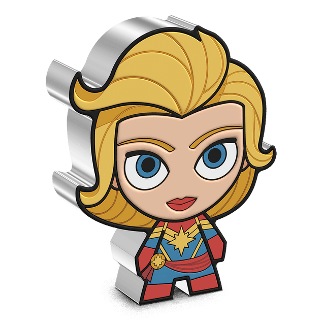 Get ready to save the world with the Captain Marvel Chibi® Coin! Made from 1oz pure silver and uniquely shaped and minted with colour and relief to resemble Captain Marvel. She is shown in her iconic blue and red suit. - New Zealand Mint
