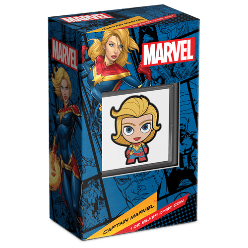 Marvel – Captain Marvel 1oz Silver Chibi® Coin Featuring Custom Packaging with Display Window and Certificate of Authenticity Sticker.