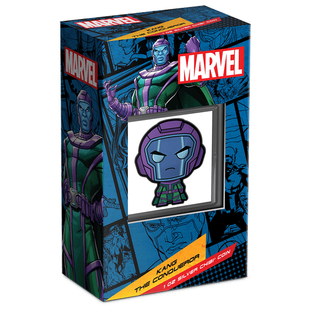 Marvel – Kang the Conqueror™ 1oz Silver Chibi® Coin Featuring Custom Packaging with Display Window and Certificate of Authenticity Sticker. 
