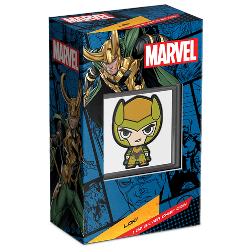 Marvel – Loki 1oz Silver Chibi® Coin Featuring Custom Packaging with Display Window and Certificate of Authenticity Sticker.