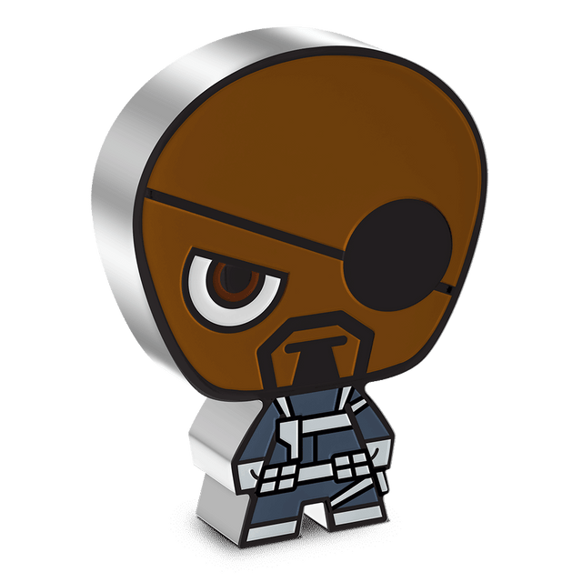 Nick Fury continues his legacy on pure silver!  Coloured and shaped, this Chibi® Coin is a unique representation of Nick Fury looking ready for combat, wearing his S.H.I.E.L.D. uniform and eye patch. Only 2,000 available worldwide! - New Zealand Mint