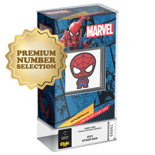 Our Spider-Senses tell us you’re going to love this one! A solid 1oz pure silver, this Premium Number Chibi® Coin resembles Marvel’s amazing Spider-Man. Shaped and coloured to show Peter Parker in his famous blue and red suit. - New Zealand Mint
