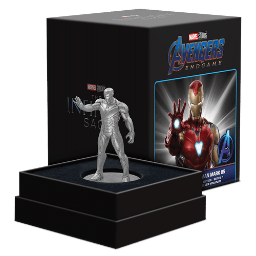 Marvel – Iron Man Mark 85 Series 1 160g Silver Miniature in Custom Display Box with Brand Imagery.