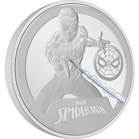 It’s a collector’s dream, spun into reality! The coin is engraved to show Spider-Man mid-web-slinging - and the design is accentuated with a hint of colour. His emblem takes a prominent place on the side. - New Zealand Mint