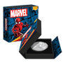 Marvel Spider-Man 1oz Silver Coin Featuring Custom Book-Style Packaging with Printed Coin Specifications. 