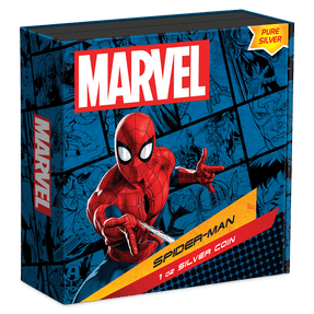 Marvel Spider-Man 1oz Silver Coin Featuring Custom Book-style Display Box With Brand Imagery.