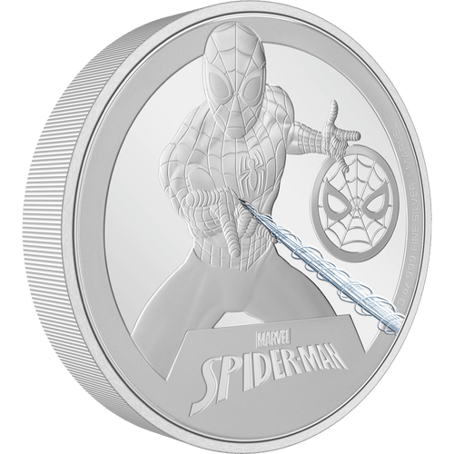 Spider-Man is skillfully engraved mid-web-slinging – and the design is accentuated with a hint of colour. His emblem takes a prominent place on the side.  - New Zealand Mint