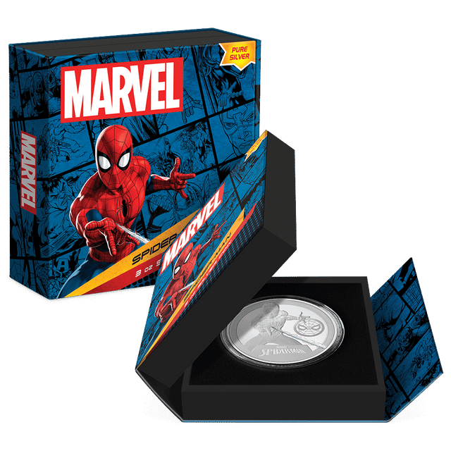 Marvel Spider-Man 3oz Silver Coin Featuring Custom Book-Style Packaging with Printed Coin Specifications. 