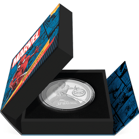 Marvel Spider-Man 3oz Silver Coin Featuring Book-style Packaging with Coin Insert and Certificate of Authenticity Sticker and Coin Specs.
