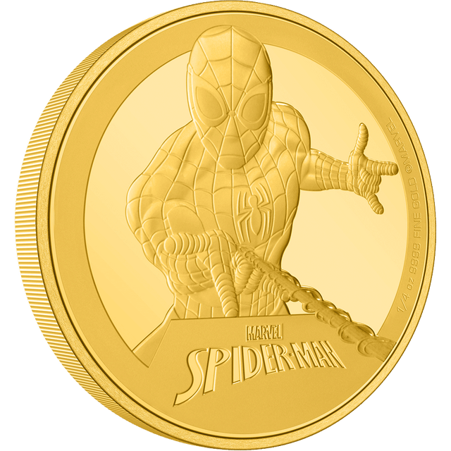 Pure gold, pure Super Hero magic. The design shows a fully engraved image of Spider-Man Some relief and texture using sandblasting further enhance this powerful design. Officially licensed by Marvel. - New Zealand Mint