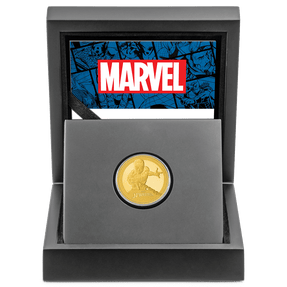 Marvel Spider-Man 1/4oz Gold Coin with Custom Designed Wooden Box with Display Ledge and Certificate of Authenticity.