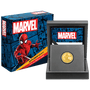 Marvel Spider-Man 1/4oz Gold Coin Featuring Custom Wooden Display Box with Velvet Insert to House the Coin and Certificate of Authenticity.