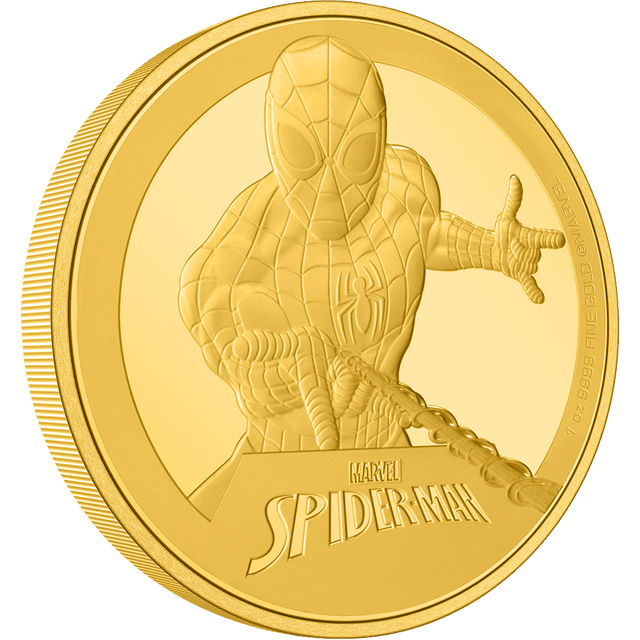 Pure gold, pure Super Hero magic. The design shows a fully engraved image of Spider-Man about to cast his web. Some relief and texture using sandblasting further enhance this powerful design. - New Zealand Mint