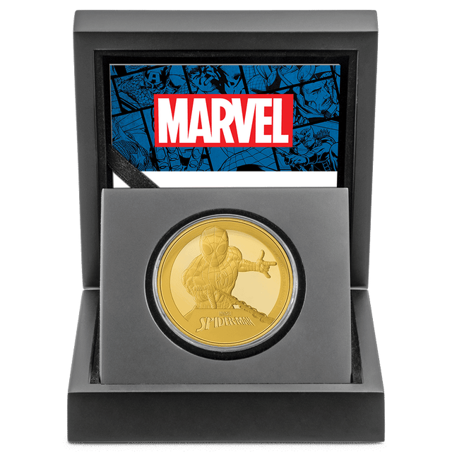 Marvel Spider-Man 1oz Gold Coin With Custom Wooden Display Box and Outer Box Featuring Imagery from the Series and Certificate of Authenticity.