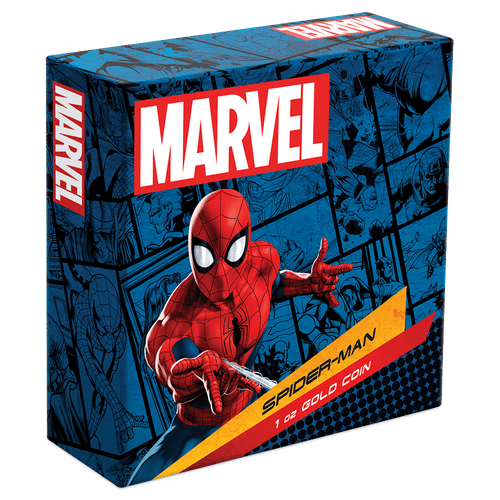 Marvel Spider-Man 1oz Gold Coin Featuring Custom-Designed Outer Box With Brand Imagery.