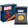 Marvel Spider-Man 1oz Gold Coin Featuring Custom Wooden Display Box with Velvet Insert to House the Coin and Certificate of Authenticity.