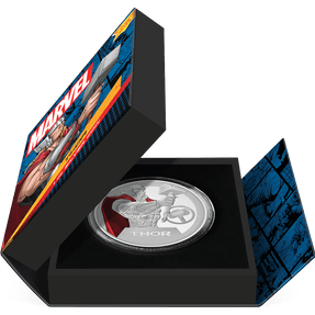 Marvel Thor™ 1oz Silver Coin Featuring Book-style Packaging with Coin Insert and Certificate of Authenticity Sticker and Coin Specs.