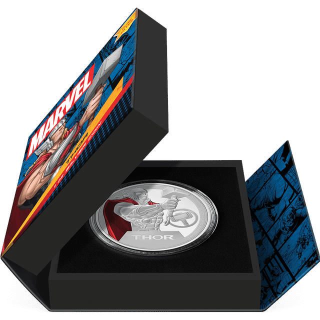 Marvel Thor™ 1oz Silver Coin Featuring Book-style Packaging with Coin Insert and Certificate of Authenticity Sticker and Coin Specs.