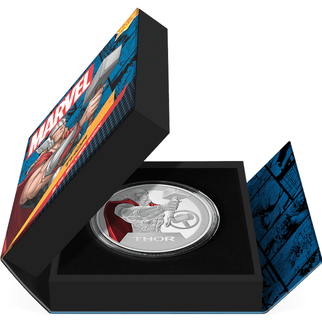 Marvel Thor™ 3oz Silver Coin Featuring Book-style Packaging with Coin Insert and Certificate of Authenticity Sticker and Coin Specs.