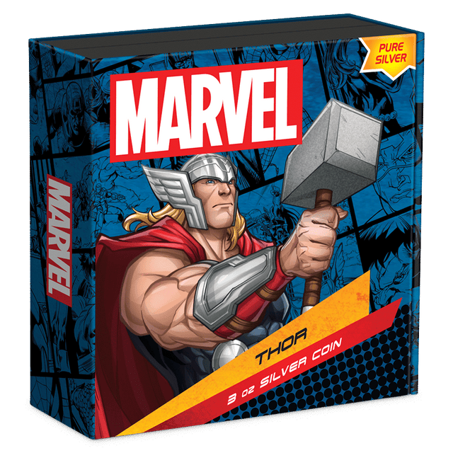 Marvel Thor™ 3oz Silver Coin Featuring Custom Book-style Display Box With Brand Imagery.