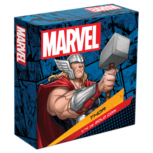 Marvel Thor™ 1/4oz Gold Coin Featuring Custom-Designed Outer Box With Brand Imagery.