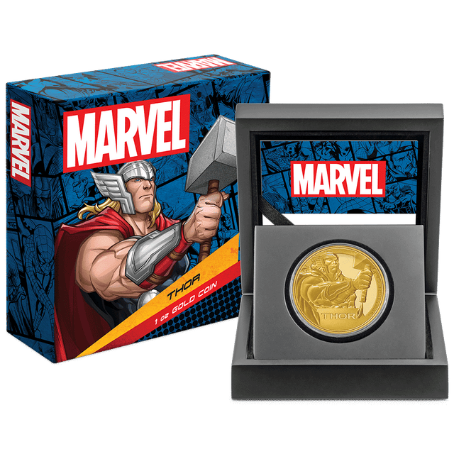 Marvel Thor™ 1oz Gold Coin with Custom-Designed Wooden Box with Certificate of Authenticity Holder and Viewing Insert. 