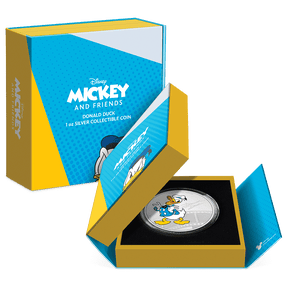 Disney Mickey & Friends – Donald Duck 1oz Silver Coin Featuring Custom Book-Style Packaging and Coin Specifications.  
