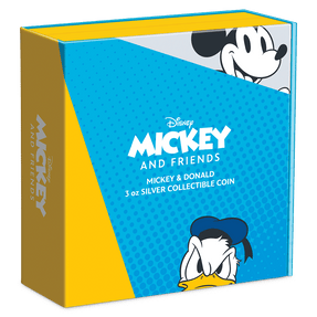 Disney Mickey & Friends – Mickey & Donald 3oz Silver Coin Featuring Custom Book-style Display Box With Brand Imagery.