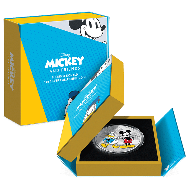 Disney Mickey & Friends – Mickey & Donald 3oz Silver Coin Featuring Custom Book-Style Packaging and Coin Specifications. 