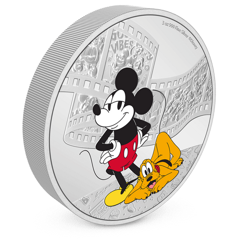 Disney Mickey & Friends – Mickey & Pluto 3oz Silver Coin with Milled Edge Finish.