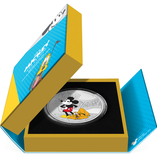 Disney Mickey & Friends – Mickey & Pluto 3oz Silver Coin Featuring Custom Book-style Display Box With Brand Imagery. 