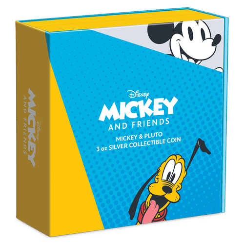 Disney Mickey & Friends – Mickey & Pluto 3oz Silver Coin Featuring Book-style Packaging with Coin Insert and Certificate of Authenticity Sticker and Coin Specs.