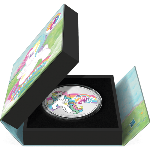 My Little Pony 40th Anniversary 1oz Silver Coin Featuring Book-style Packaging with Coin Insert and Certificate of Authenticity Sticker and Coin Specs.