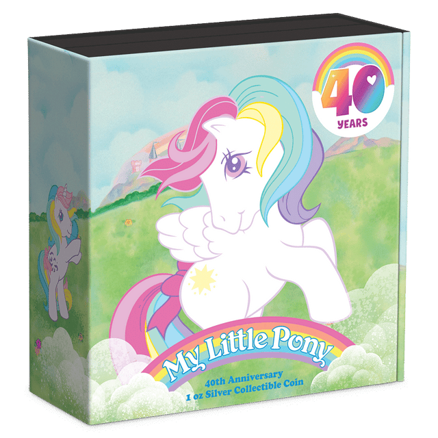 My Little Pony 40th Anniversary 1oz Silver Coin Featuring Custom Book-style Display Box With Brand Imagery.
